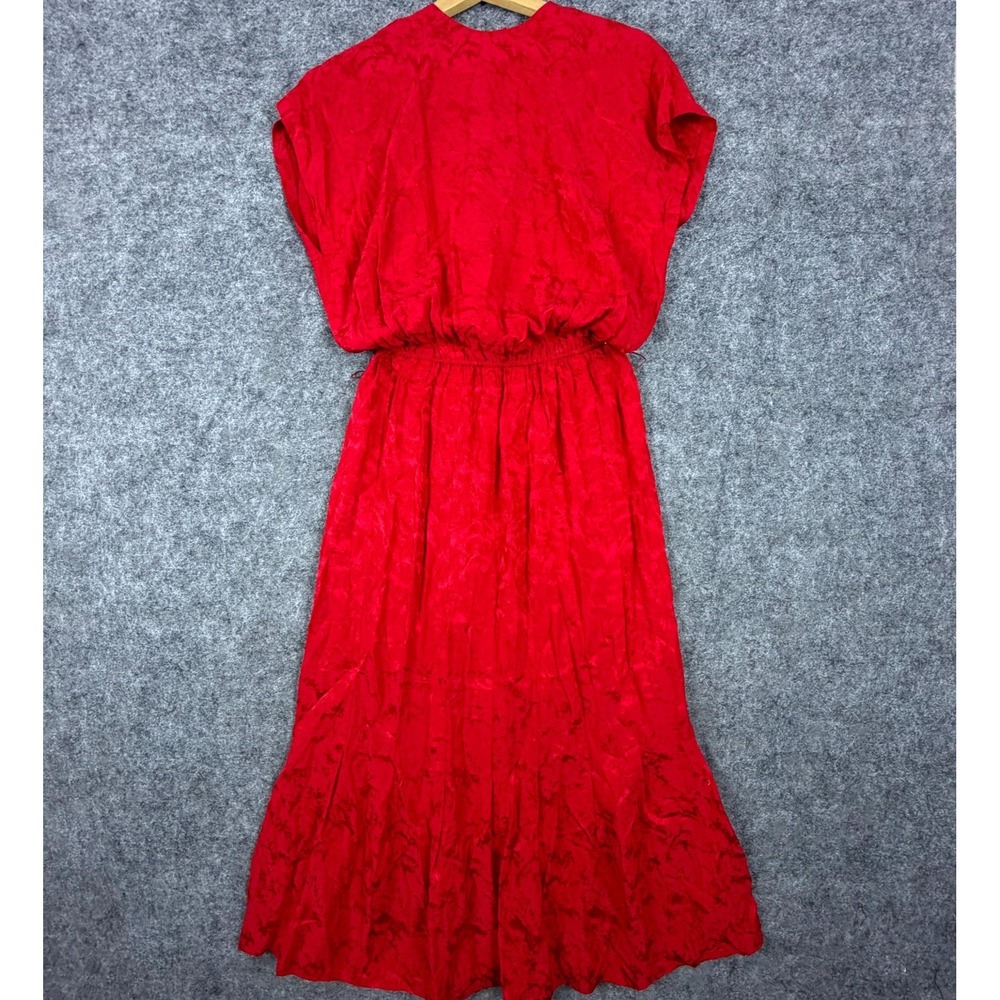 Vintage Liz Claiborne‎ Midi Dress Women 8 Red Silk Floral Jacquard Office Siren